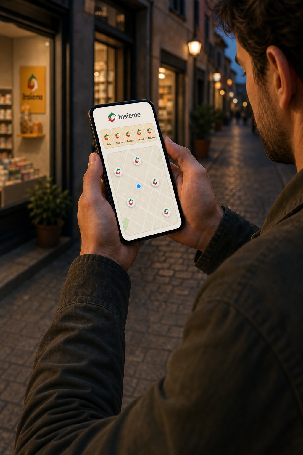 Una persona guarda il telefono: sull’app Insieme logo, cinque pulsanti e la mappa degli hub