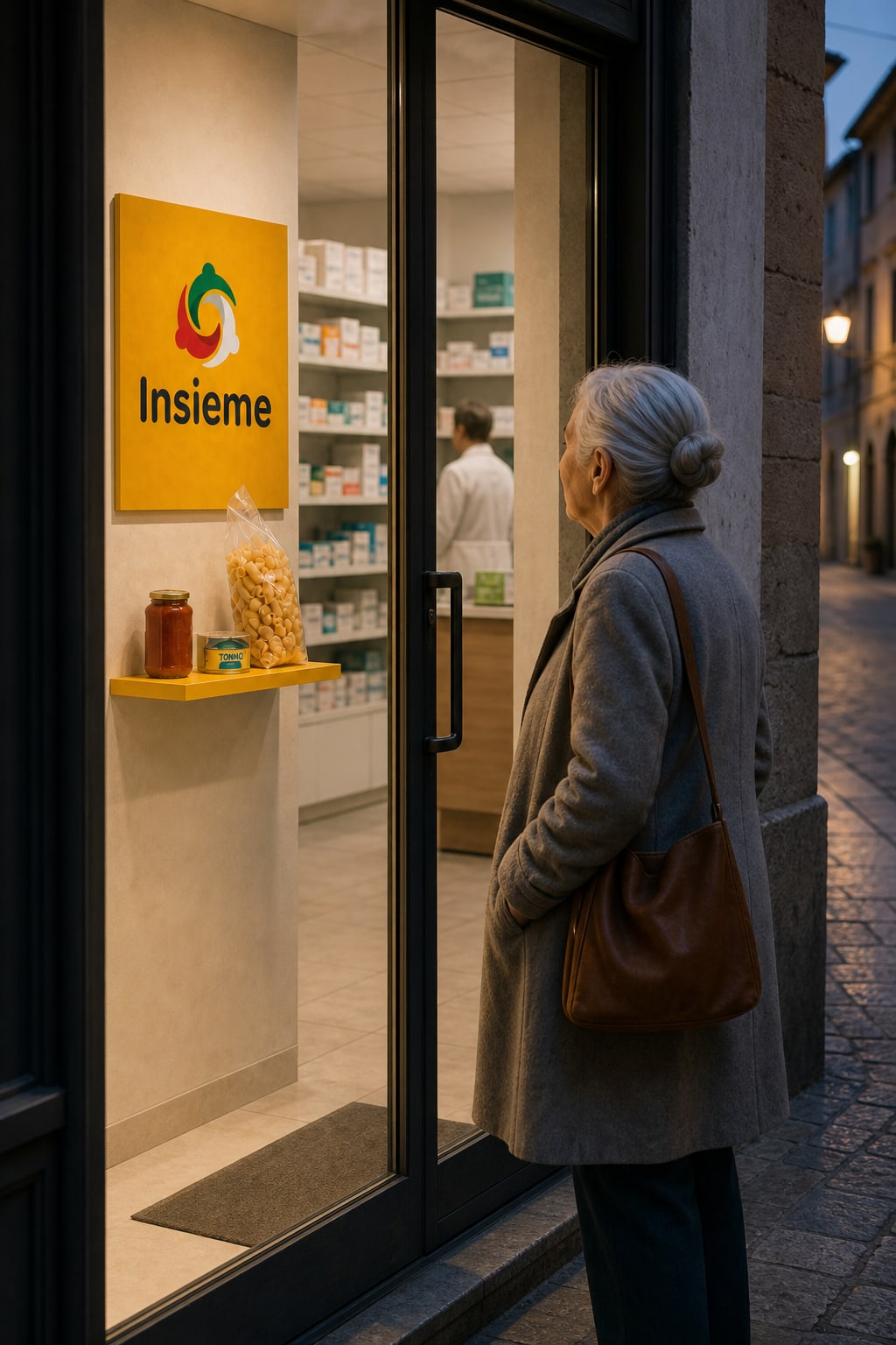 Da fuori la farmacia, una nonna guarda la mensola Insieme con pasta e pomodori