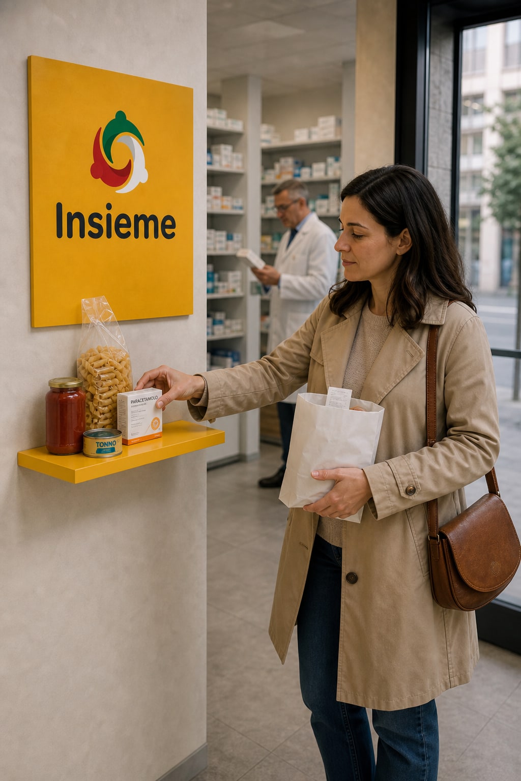 Una signora lascia un medicinale sulla mensola Insieme, con la busta bianca in mano