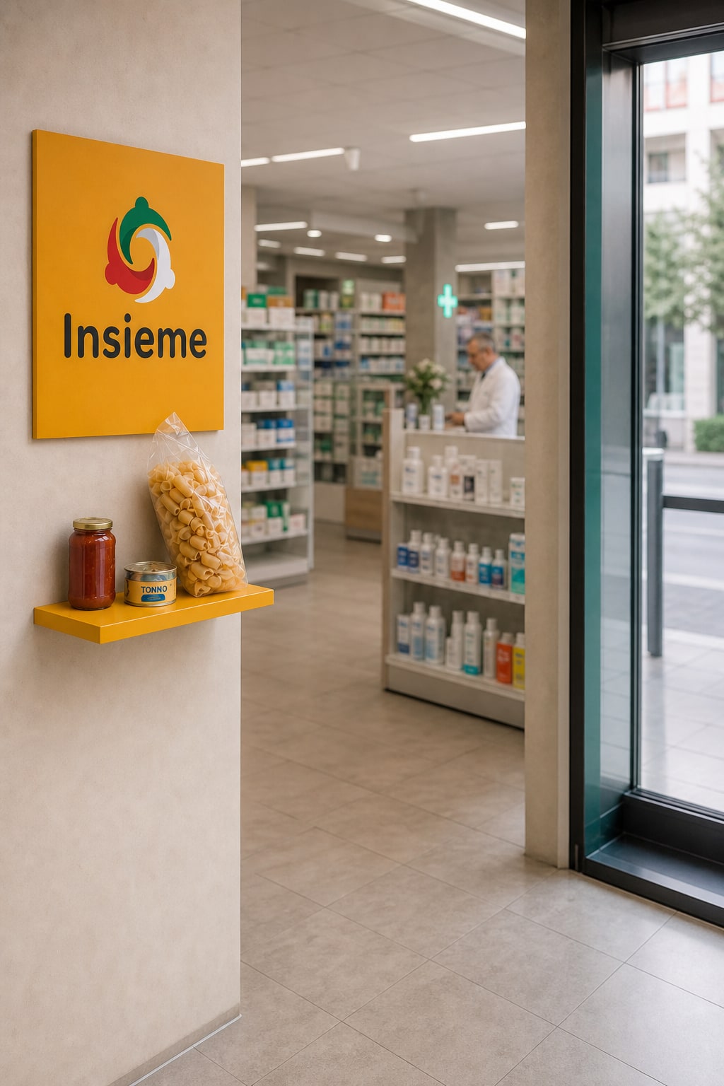 In farmacia, il logo Insieme a parete, la mensola gialla e gli articoli