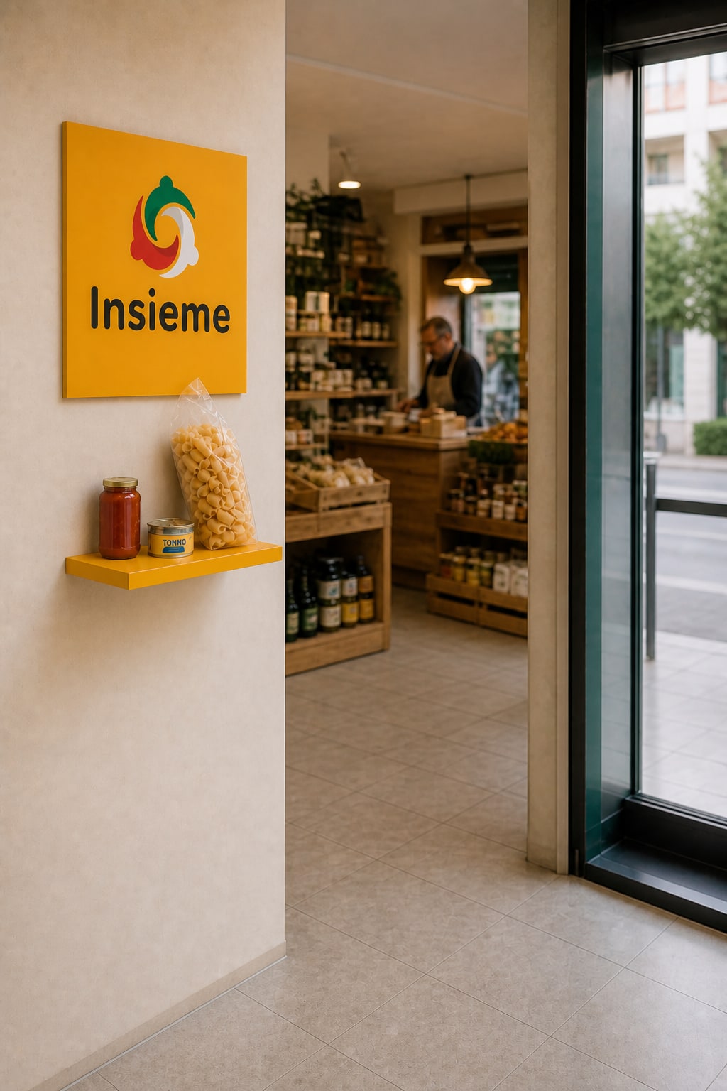 All’alimentari, il logo Insieme a parete, la mensola gialla e gli articoli